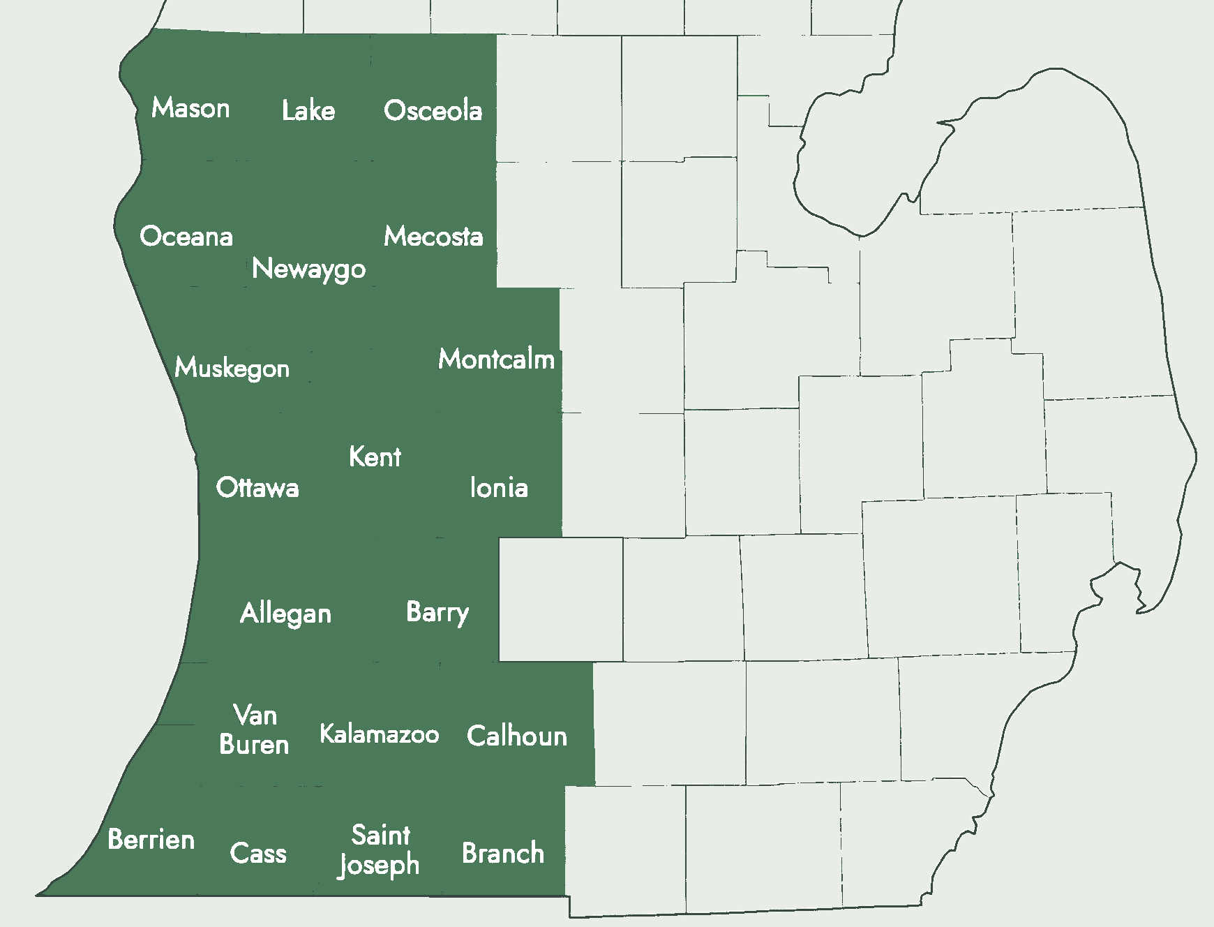 Map of Michigan's lower peninsula with our service area shaded green: Allegan County, Barry County, Berrien County, Branch County, Calhoun County, Cass County, Ionia County, Kalamazoo County, Kent County, Lake County, Mason County, Mecosta County, Montcalm County, Muskegon County, Newaygo County, Oceana County, Osceola County, Ottawa County, St. Joseph County, Van Buren County.